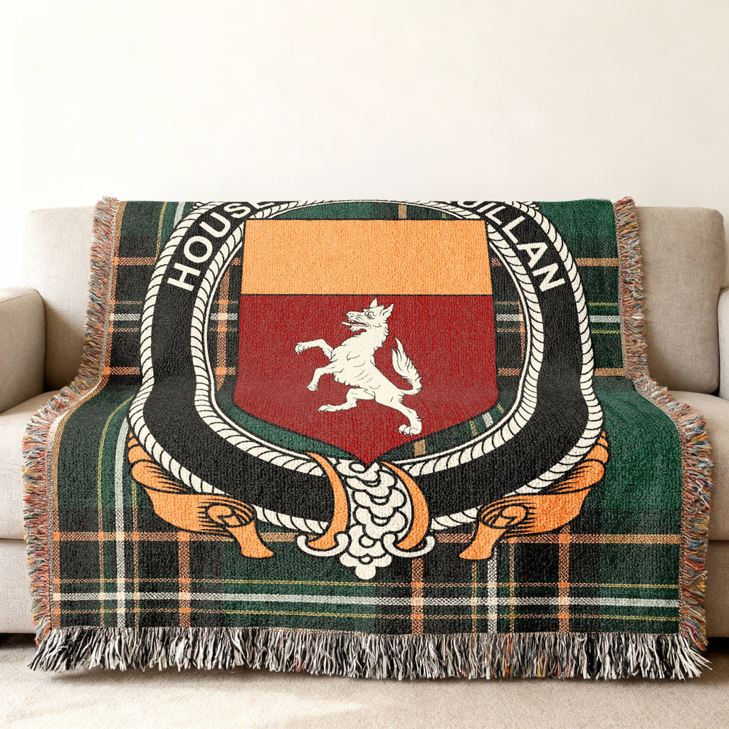 MacQuillan Irish National Tartan woven blanket displayed on a sofa