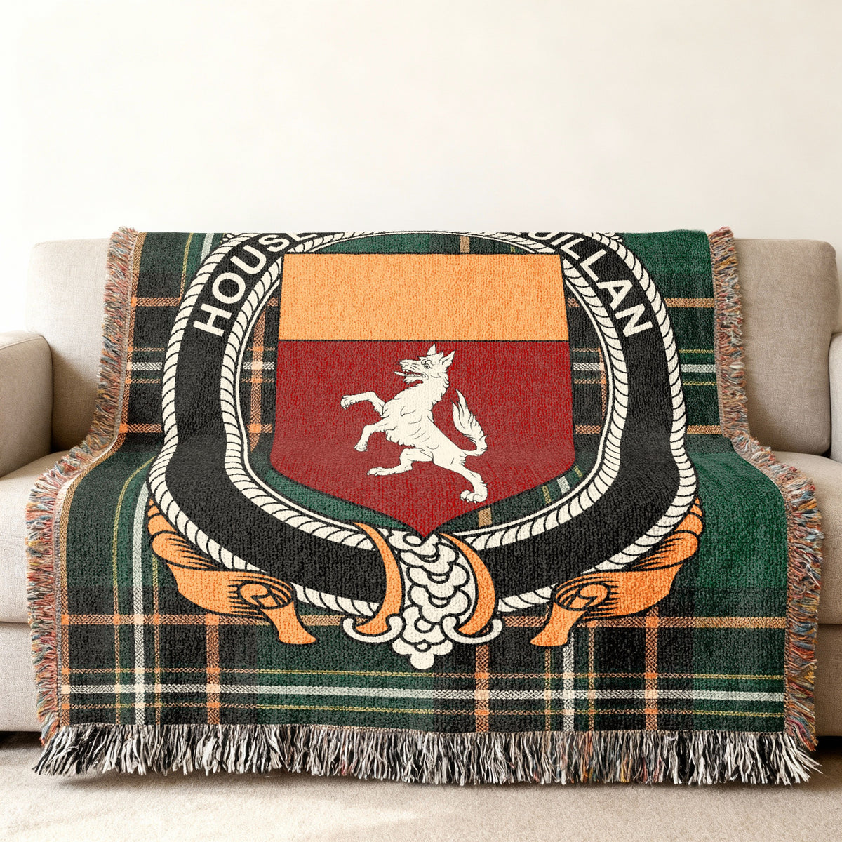 MacQuillan Irish National Tartan woven blanket displayed on a sofa