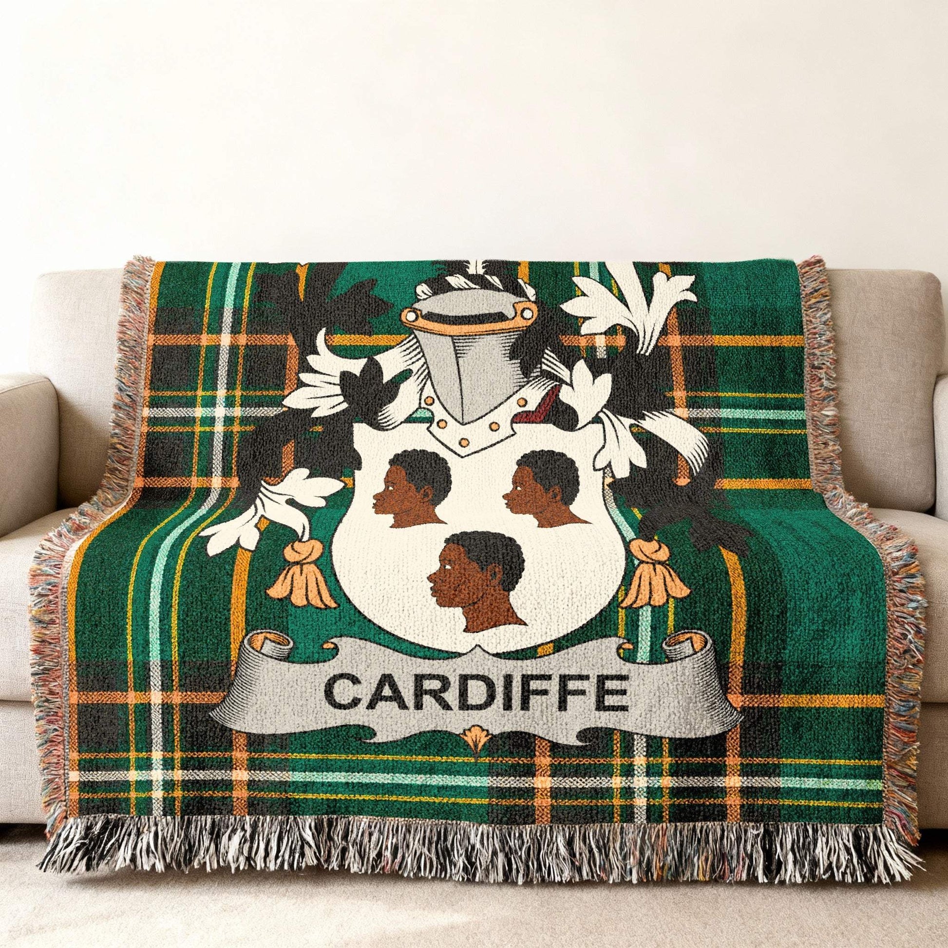 CARDIFFE heraldic emblem plaid pattern fringe throw blanket