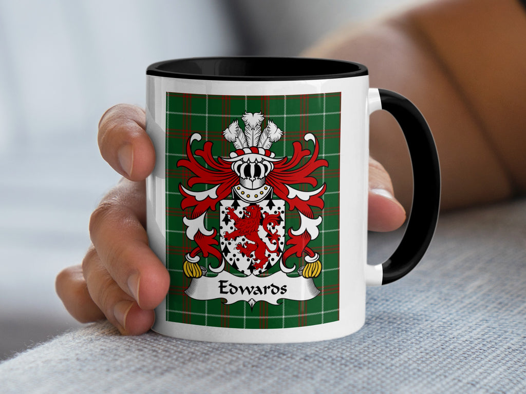 Mug with green plaid background, featuring the Edwards family crest and text.