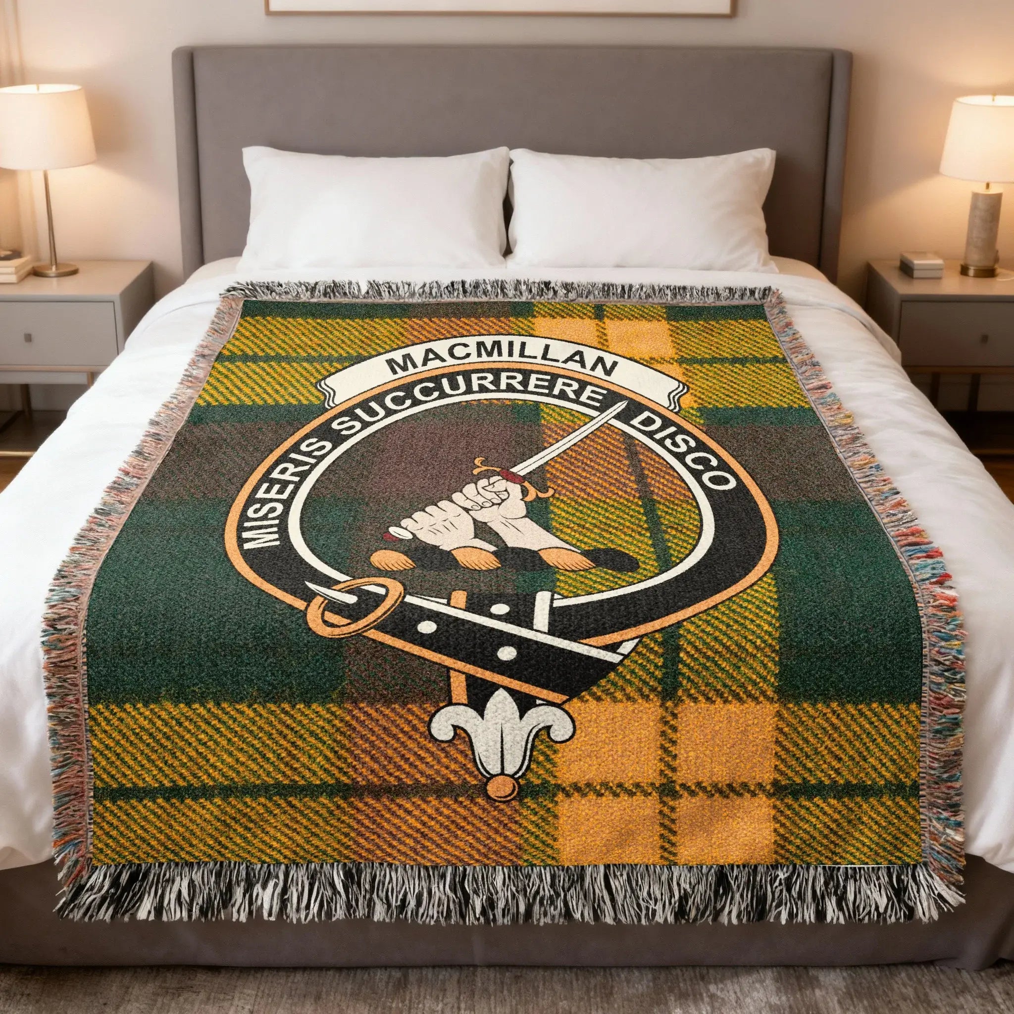 Clan MacMillan woven tartan blanket showing the clan crest — 100% cotton heirloom throw