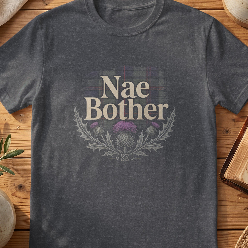 Dark grey Gildan 64000 unisex T-shirt flatlay with Nae Bother Scottish graphic design
