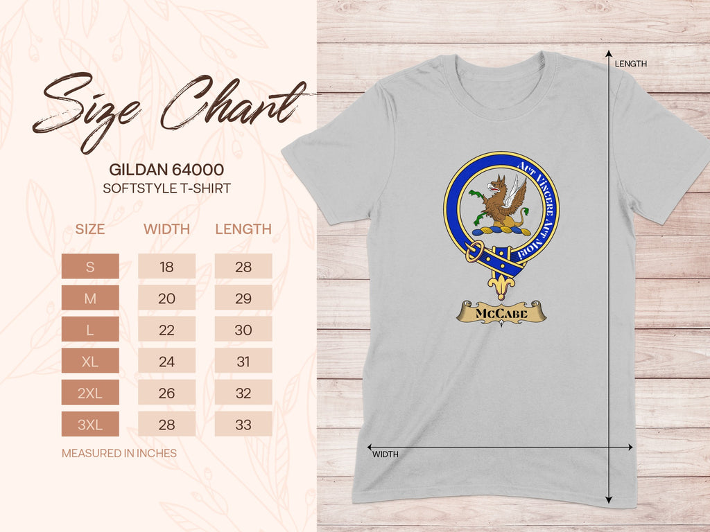 Gildan 64000 size chart for McCabe Scottish clan crest T-shirt