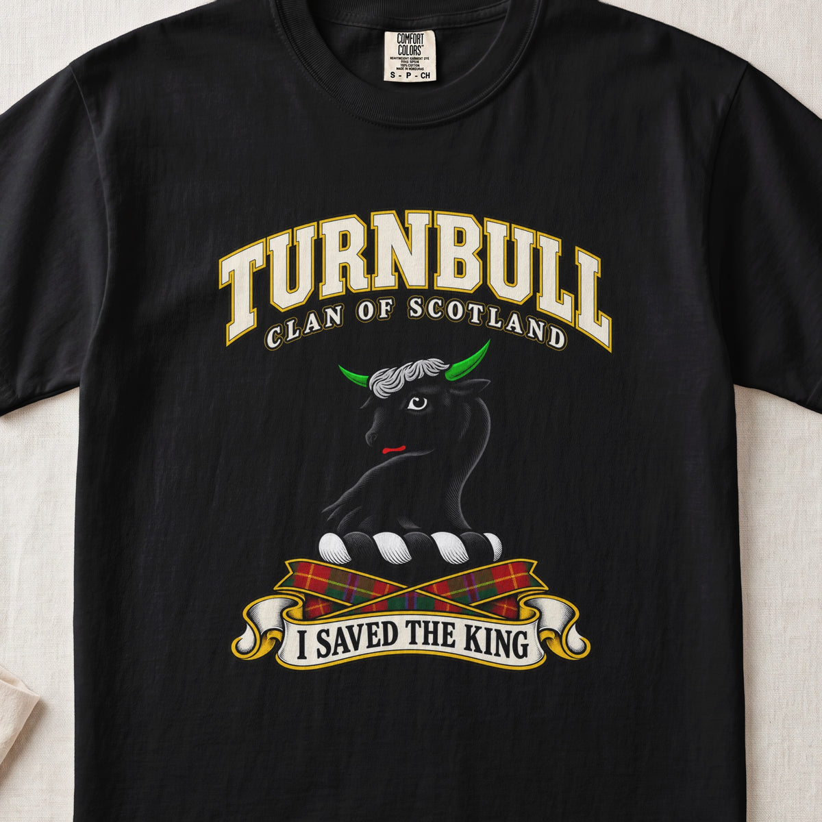Turnbull Scottish clan T-shirt in Black, front view with a black bull head with green horns and motto banner.