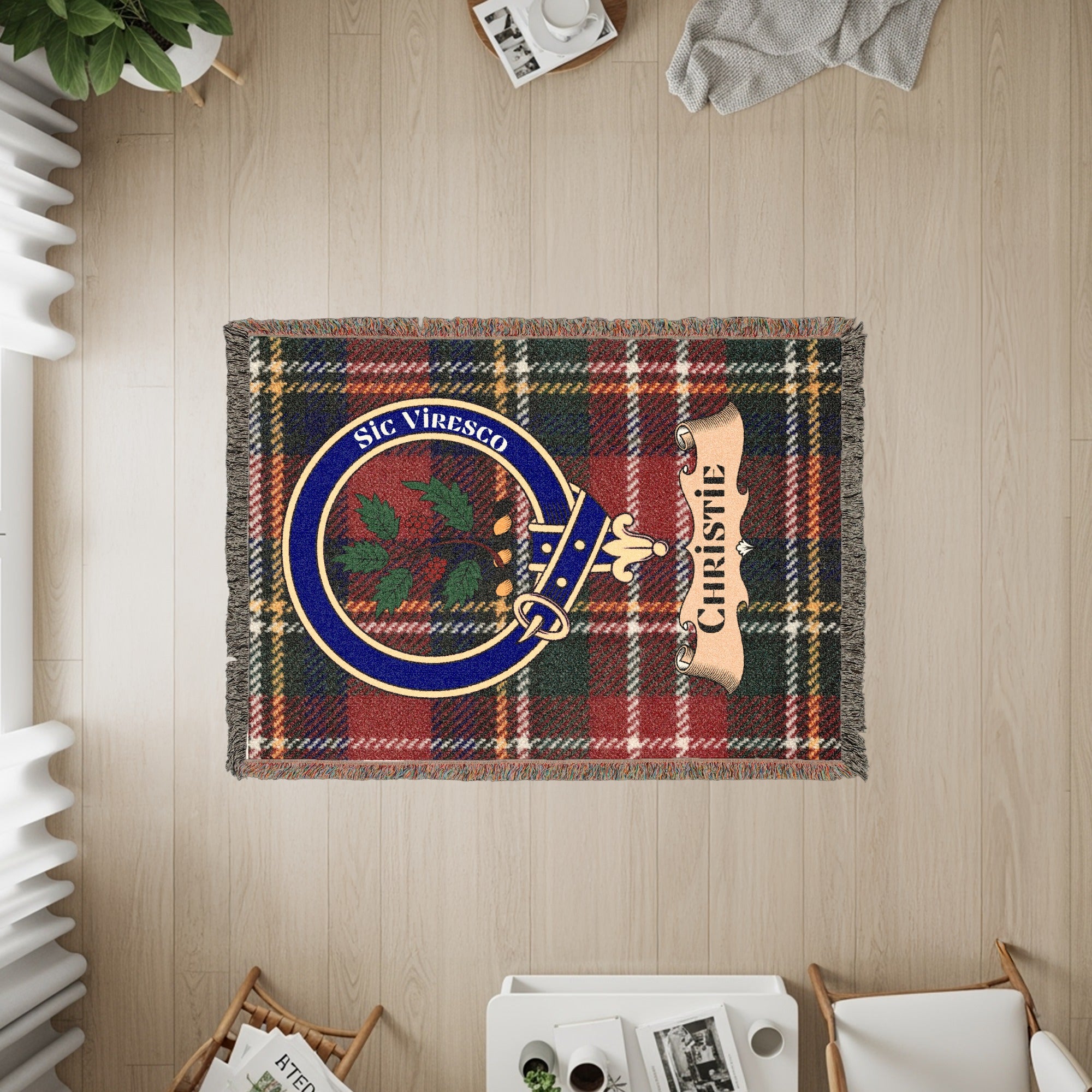 Tapestry with Christie tartan and crest, reading "Sic Viresco".