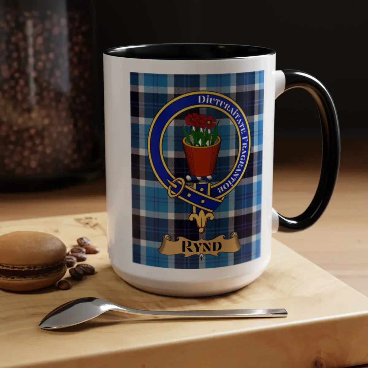 Close-up of the Rynd clan crest printed on a ceramic mug