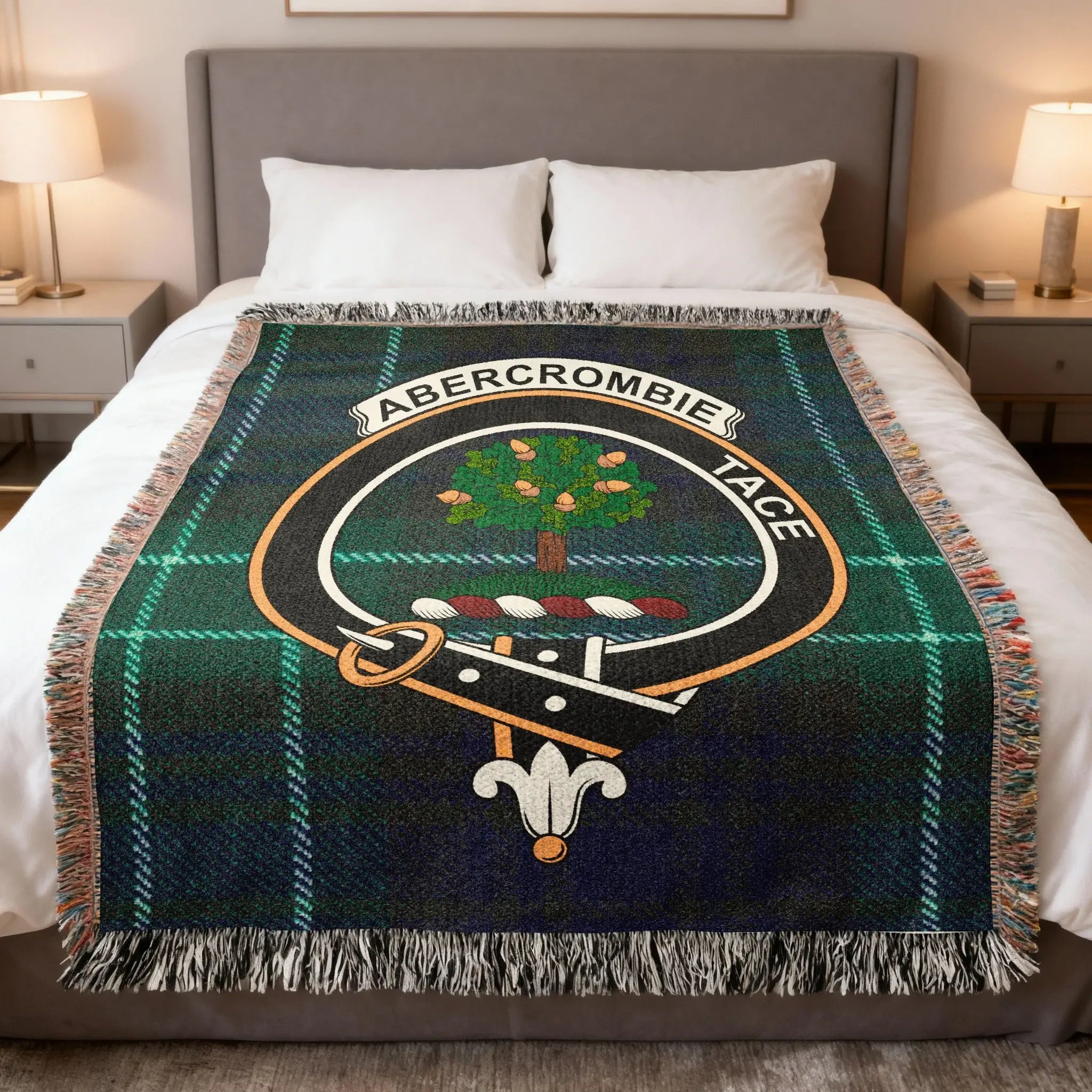 Clan Abercrombie tace crest plaid pattern woven blanket — 100% cotton