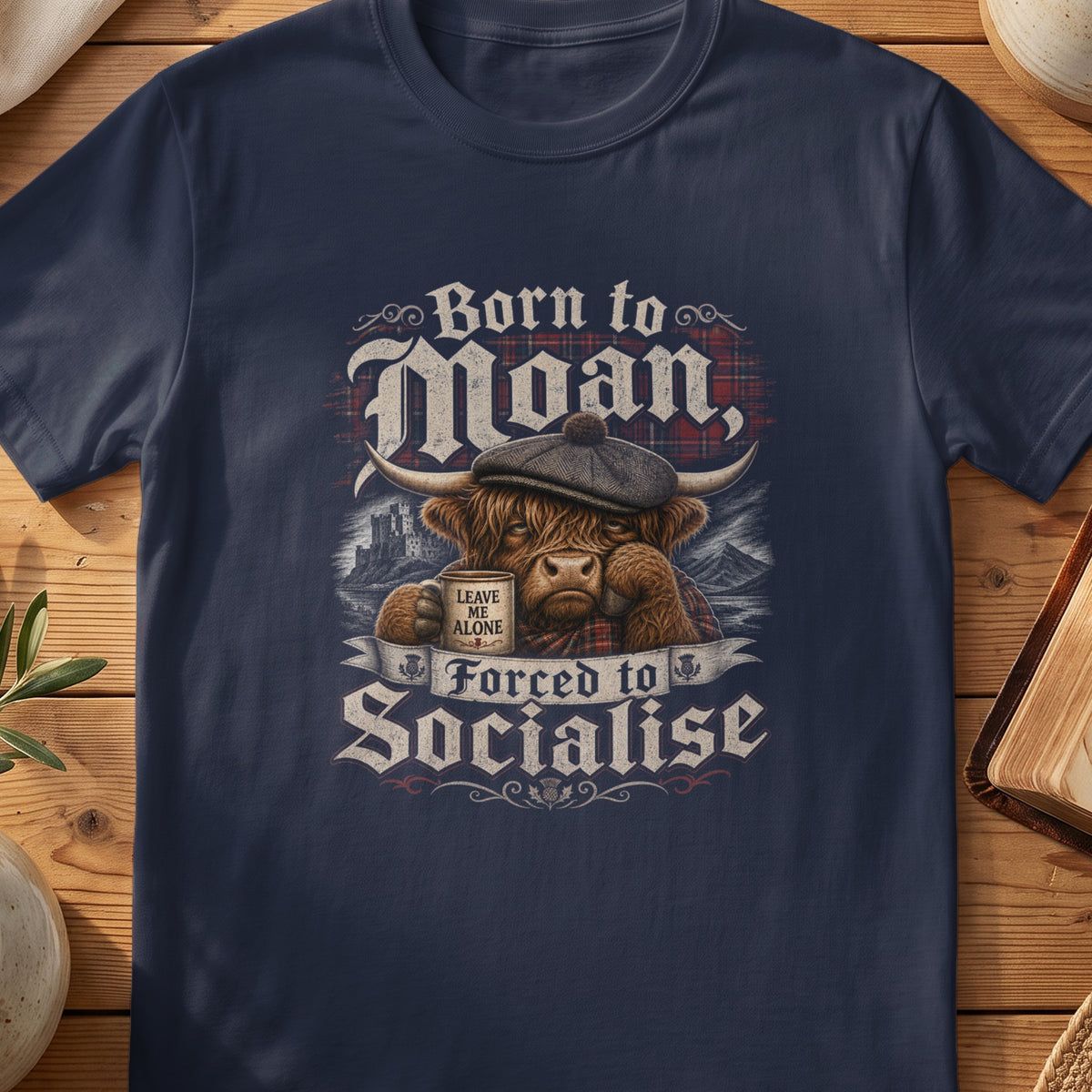 Navy Gildan 64000 unisex T-shirt flatlay with Born to Moan Forced to Socialise Scottish graphic design