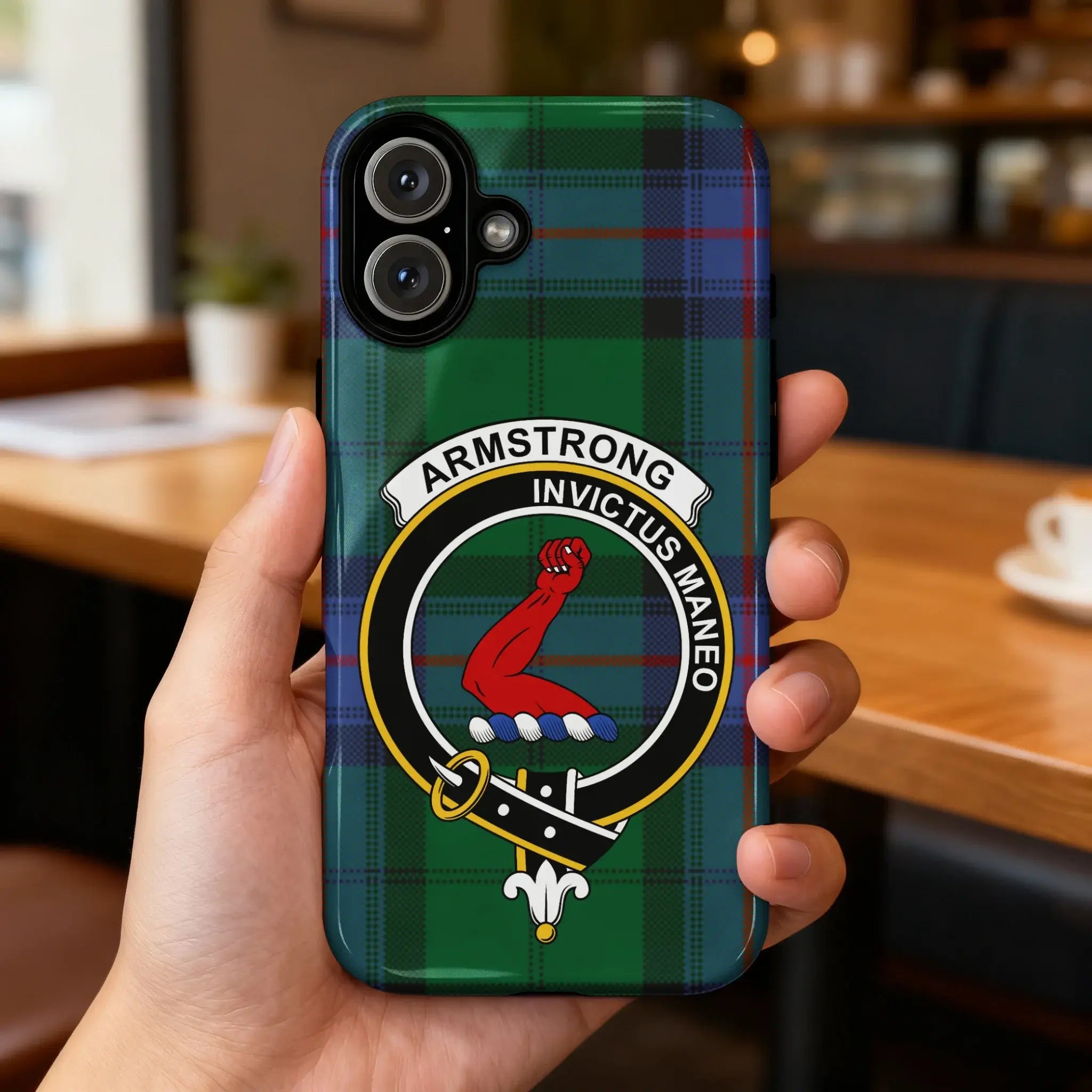 Armstrong clan crest tartan case on iPhone — Scottish heritage design, full-colour wrap print