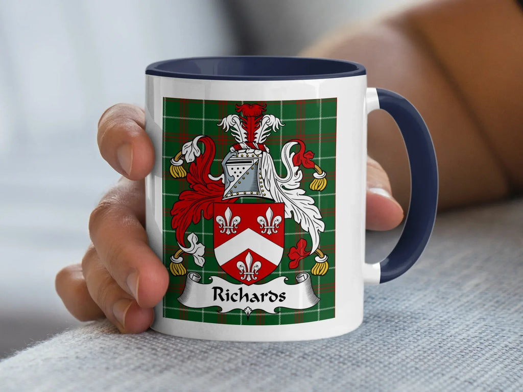 Richards Welsh family crest mug with navy accent and coat of arms on tartan
