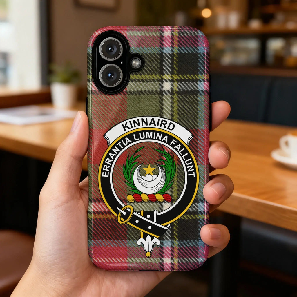 Clan Kinnaird tartan crest phone case — full 3D wrap print with Errantia Lumina Fallunt motto, glossy finish