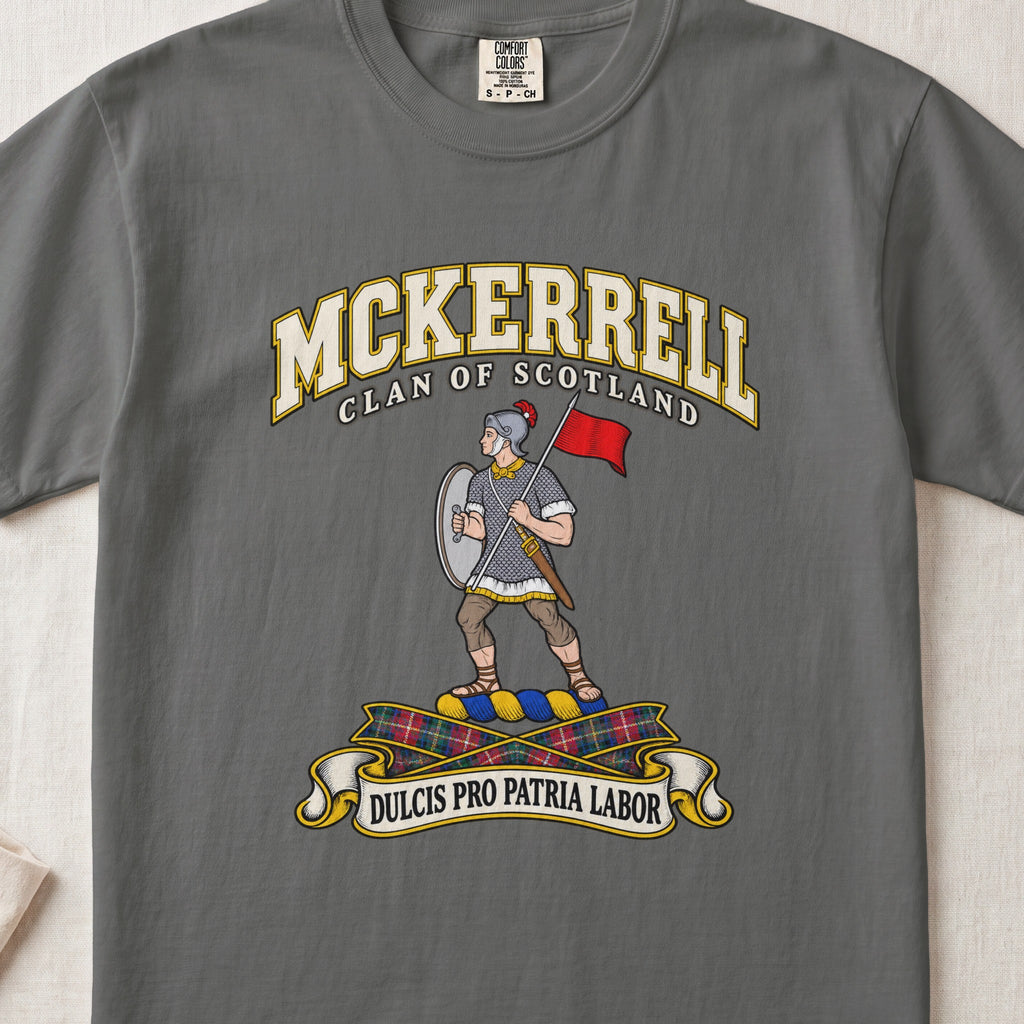 McKerrell Scottish clan T-shirt in Pepper, front view with an armoured figure carrying a shield and red flag and motto banner.