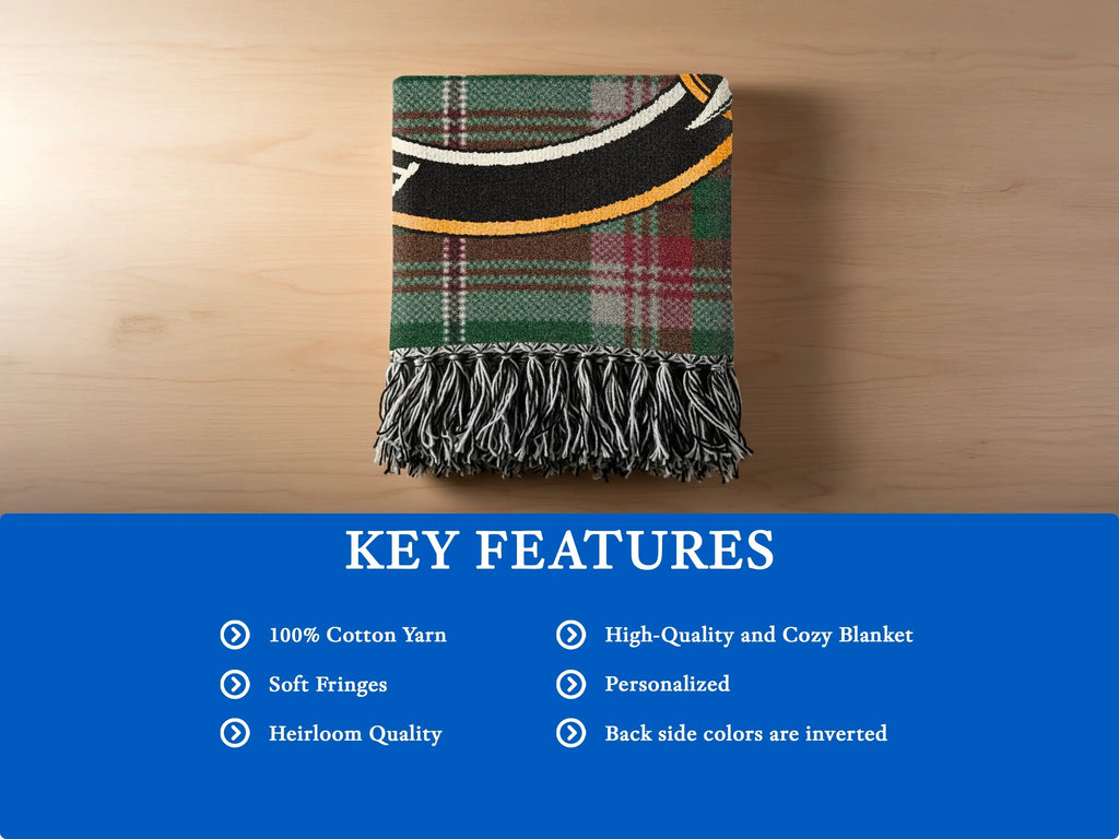 Close-up of fringe edges on Gray clan tartan woven cotton blanket