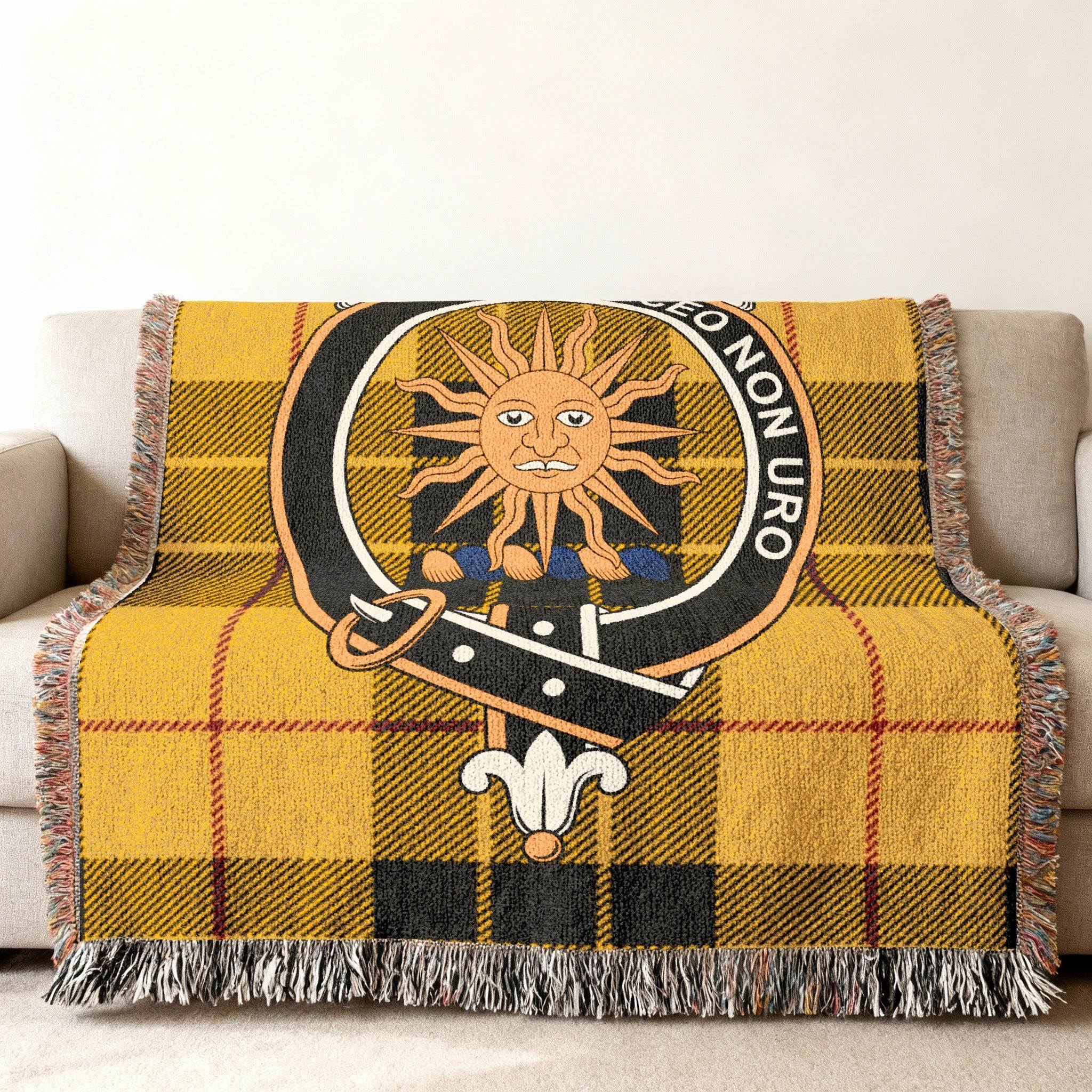 MacLeod of Lewis vivid yellow tartan woven blanket with Luceo Non Uro sun crest design — 100% cotton