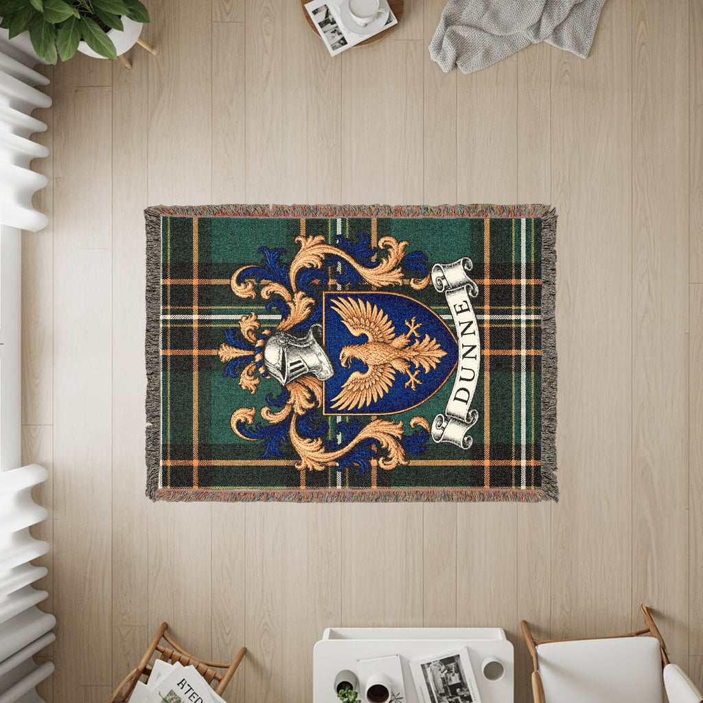Close-up of Dunne family crest design on Irish National Tartan heirloom woven blanket