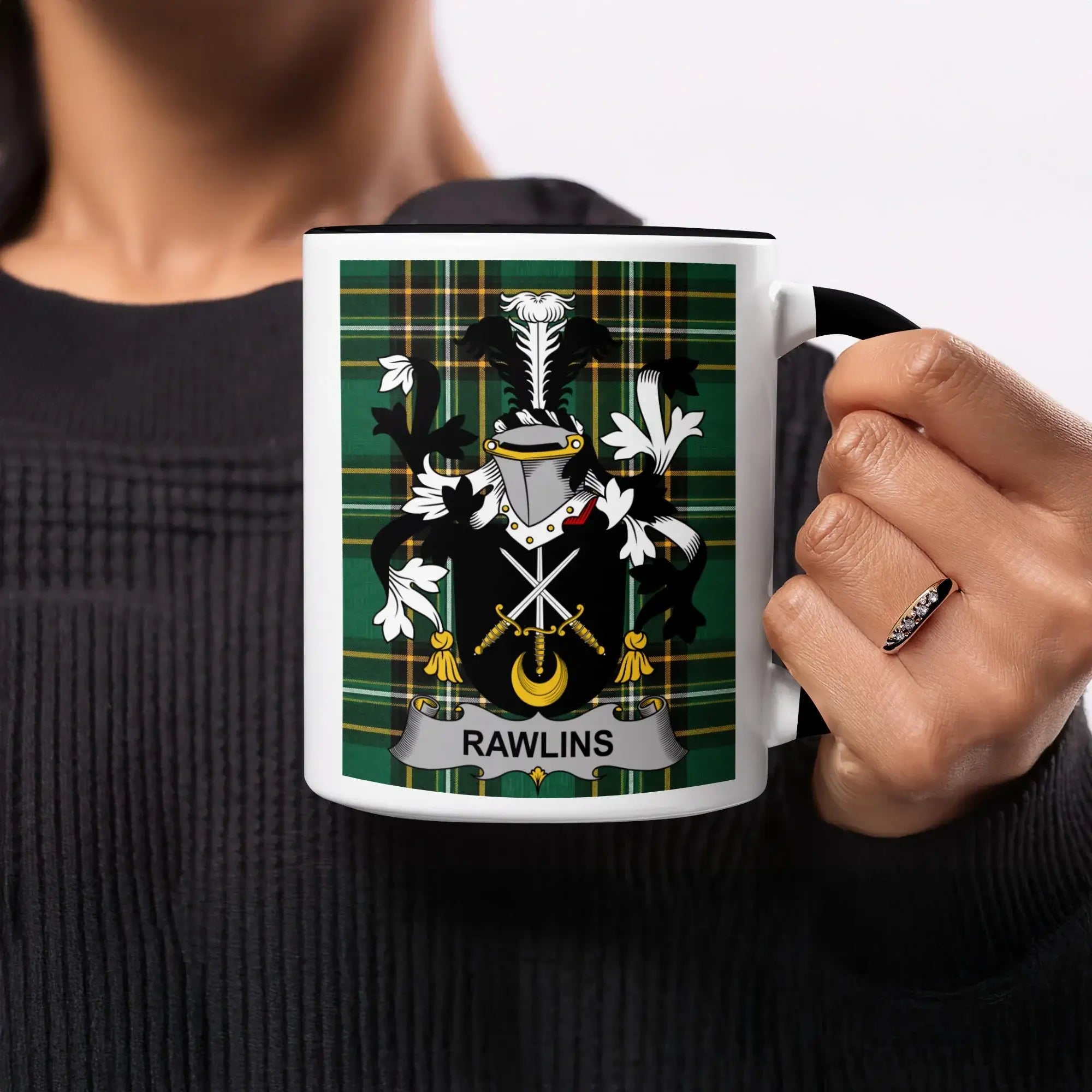 Rawlins black accent mug with Irish National Tartan and family crest