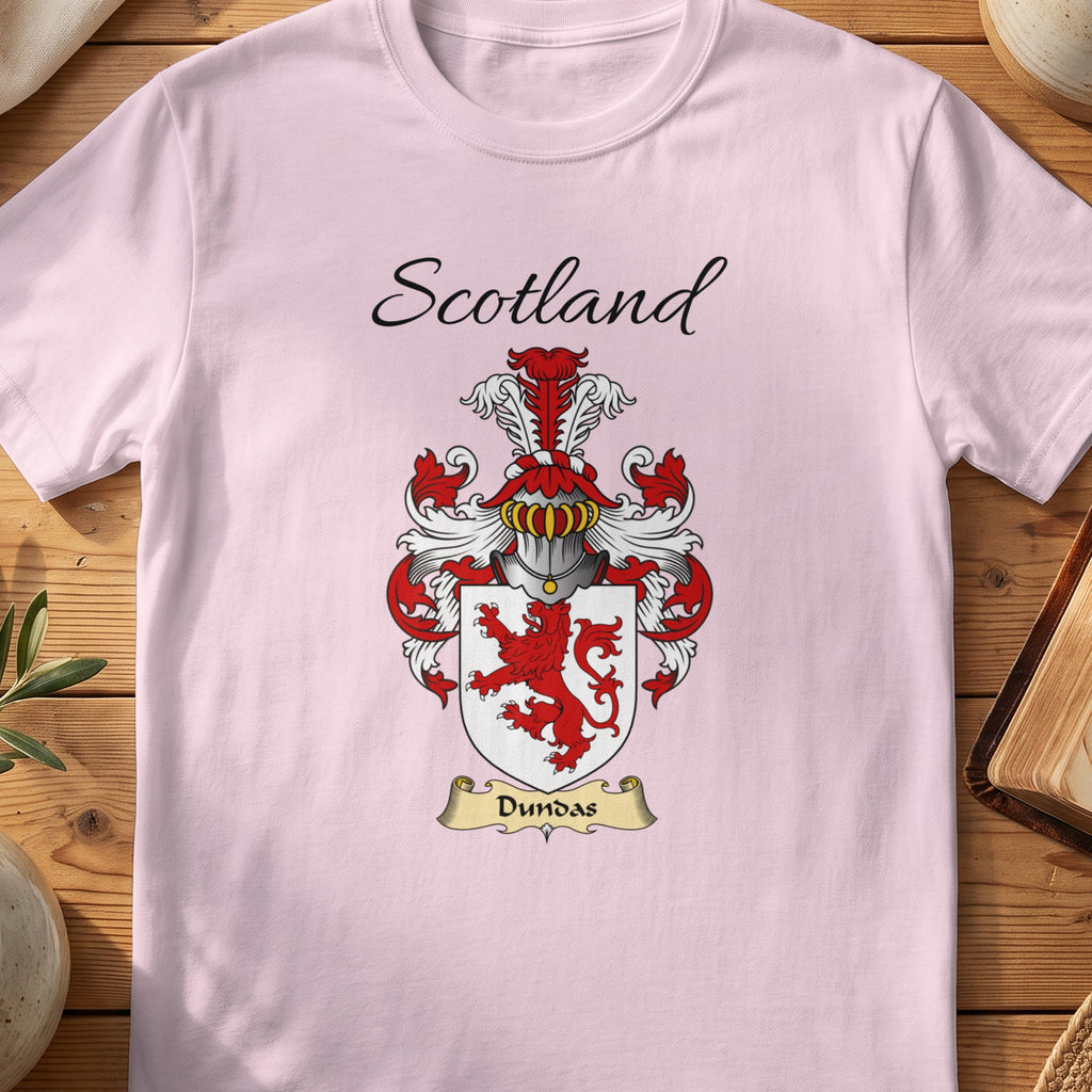 Light Pink Dundas Scottish family shield T-shirt featuring a red lion on a white shield