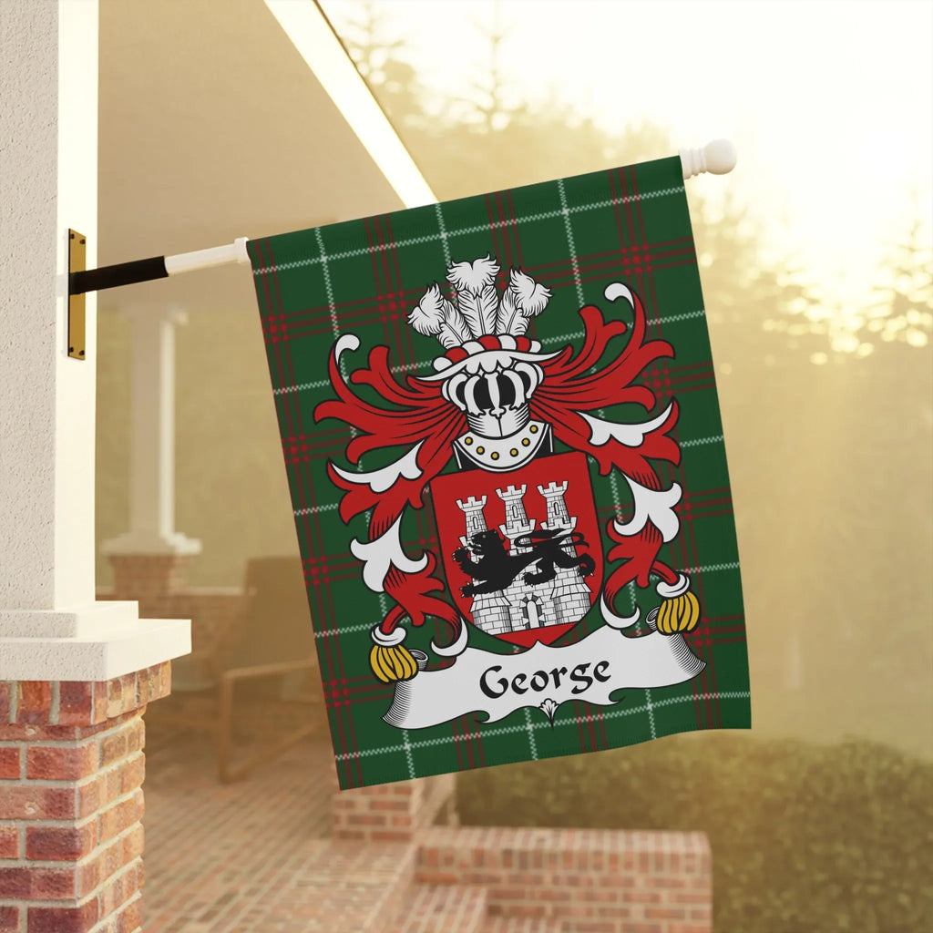 Green plaid flag with George crest and a crown.
