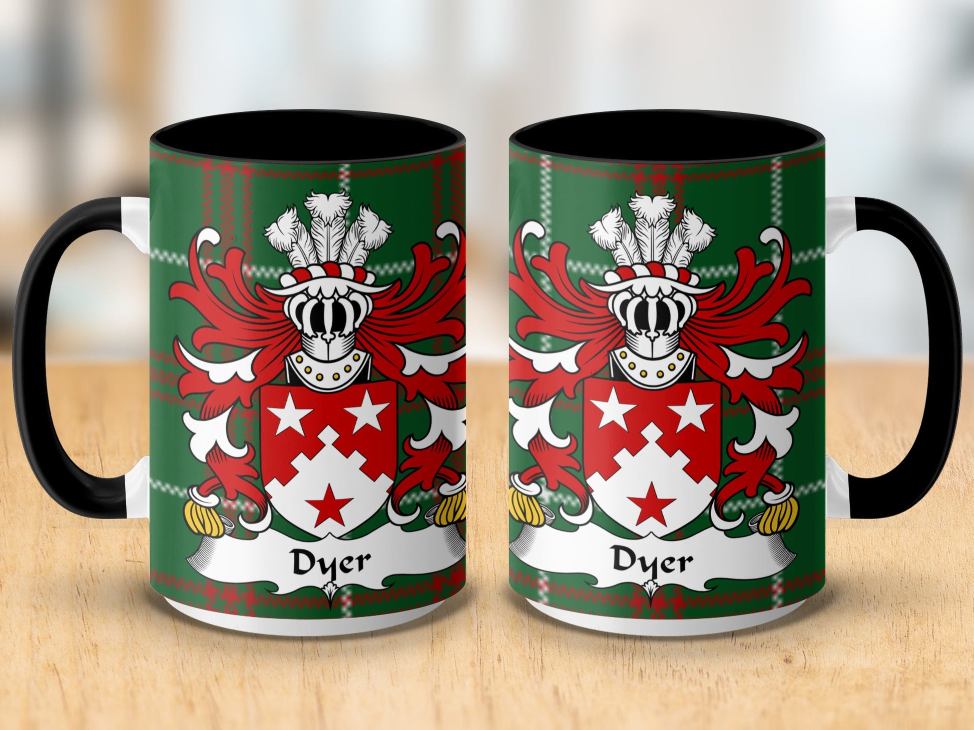 Dyer Surname Coat of Arms on Tartan Background Mug - Living Stone Gifts