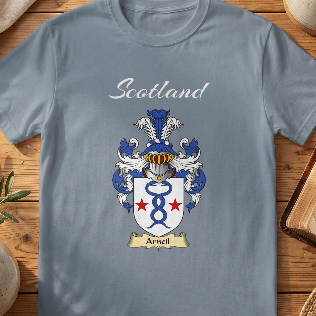 Arneil Scottish family shield T-shirt in Stone Blue