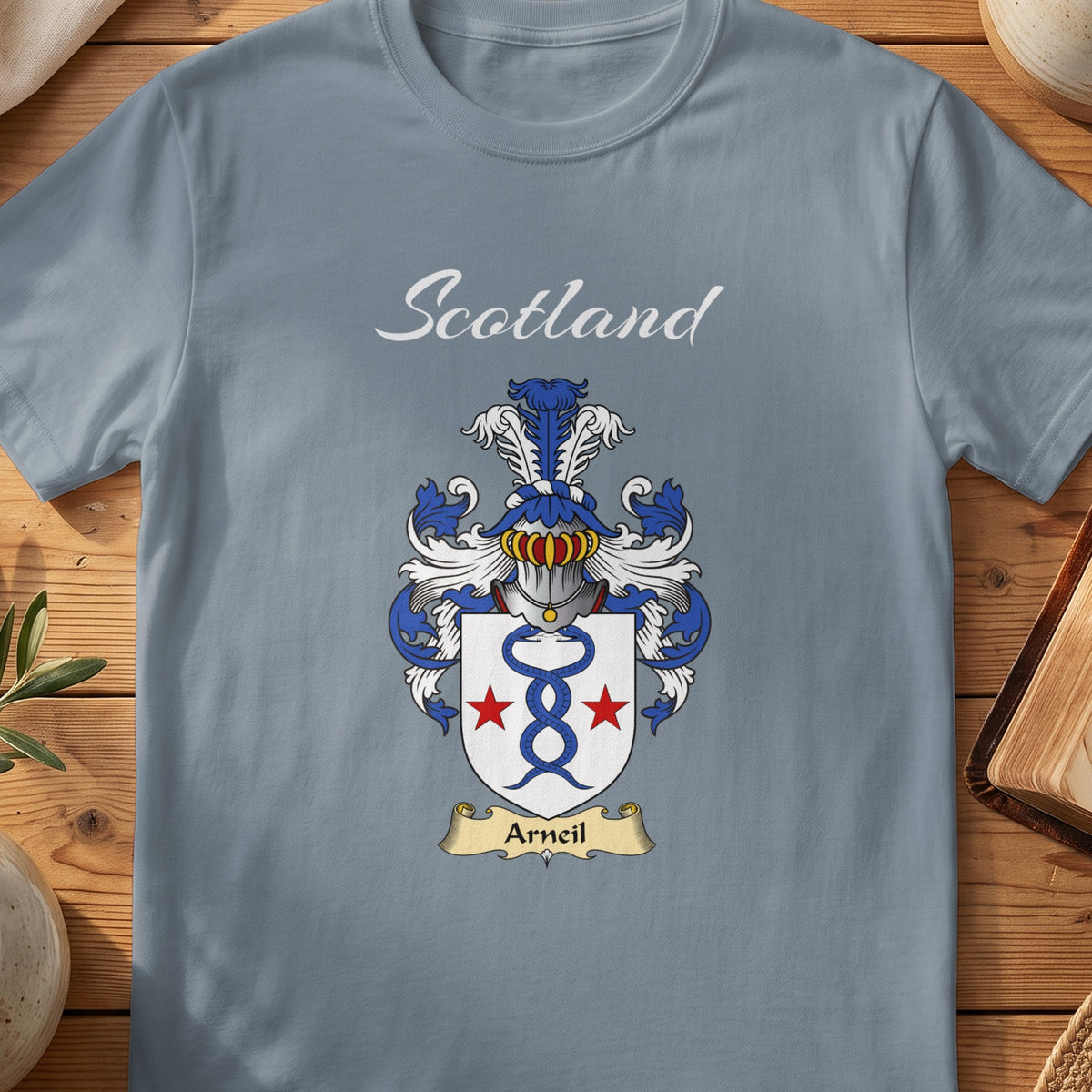Arneil Scottish family shield T-shirt in Stone Blue