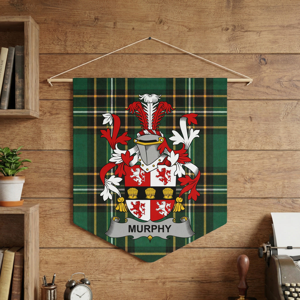 Murphy family crest on a green plaid banner hanging on a wood-paneled wall.