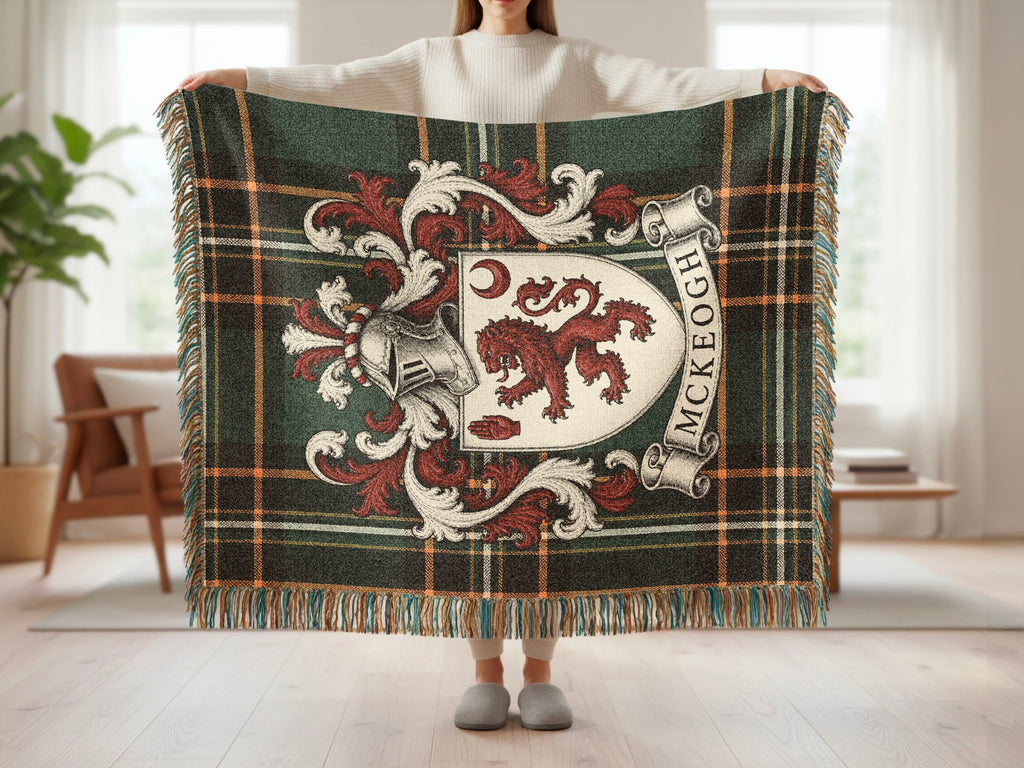 McKeogh Irish National Tartan woven blanket with family crest and fringed edges
