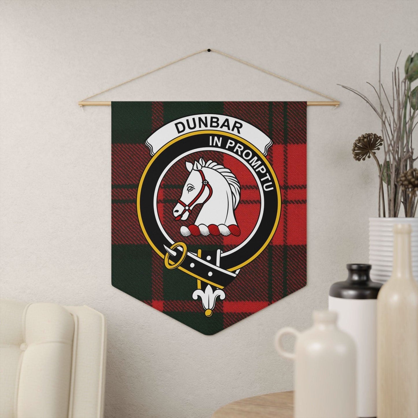 Dunbar Clan Scottish Tartan Horse Emblem Wall Pennant - Celtic Ancestry Gifts