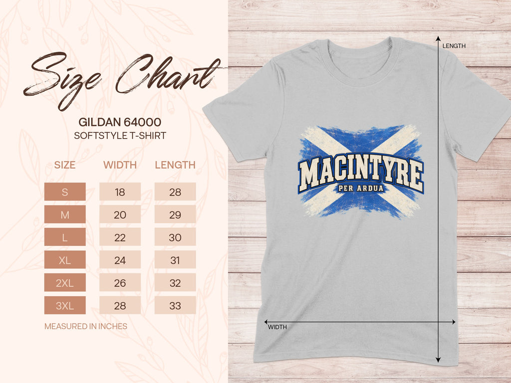 Gildan Softstyle 64000 size chart for the MacIntyre Saltire T-shirt, showing shirt width and length in inches.