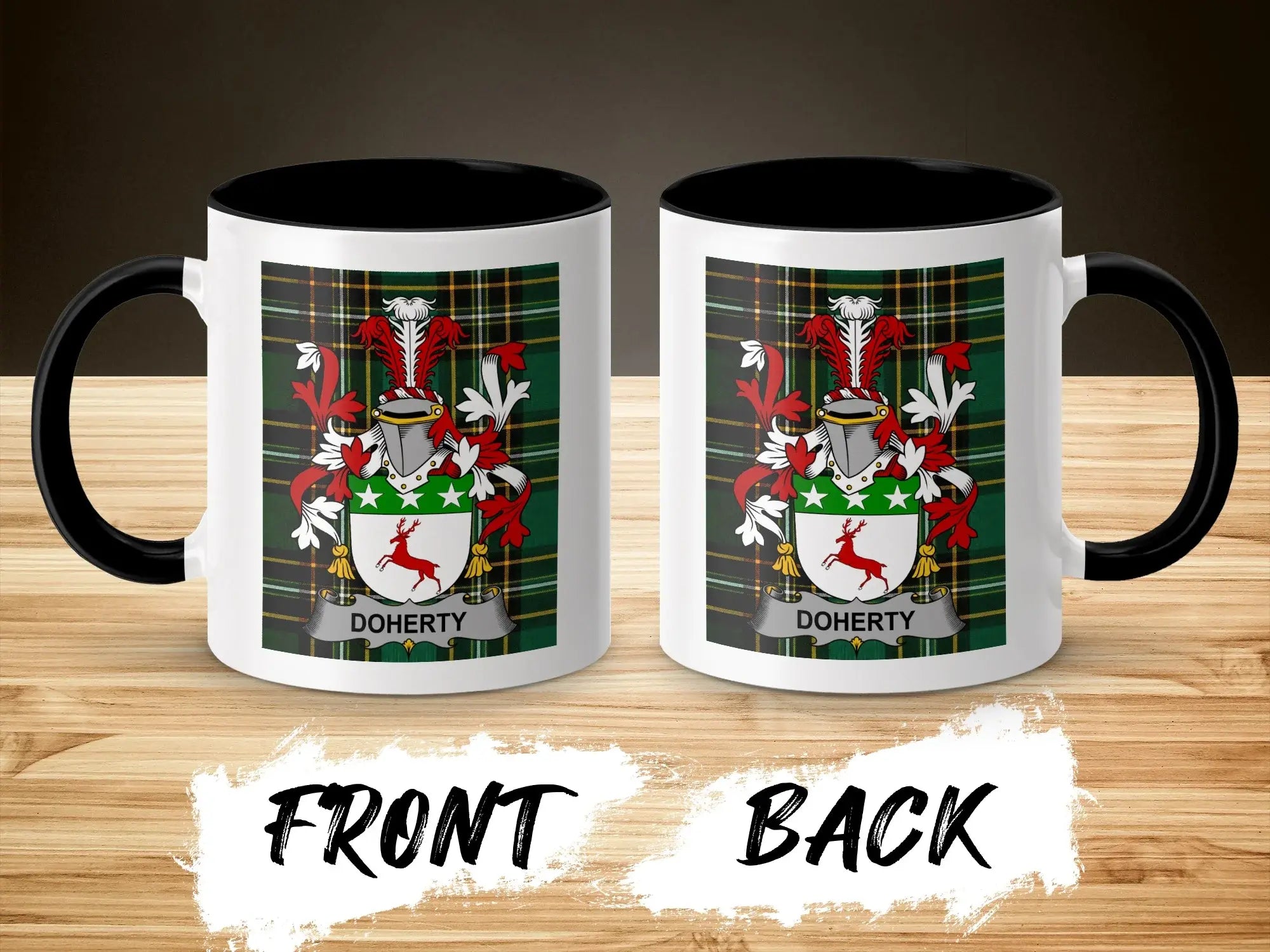 Mug with Doherty coat of arms on front and back, black handle.