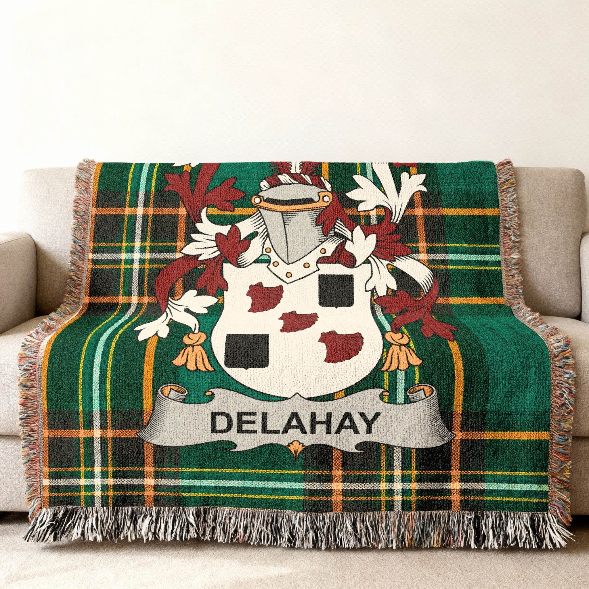 DELAHAY Family Crest Green Plaid Throw product type