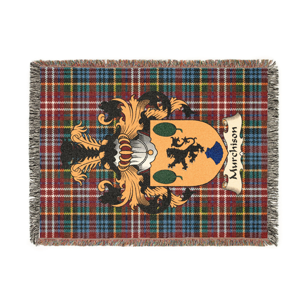 Murchison Scottish woven blanket with family shield and Caledonia tartan background
