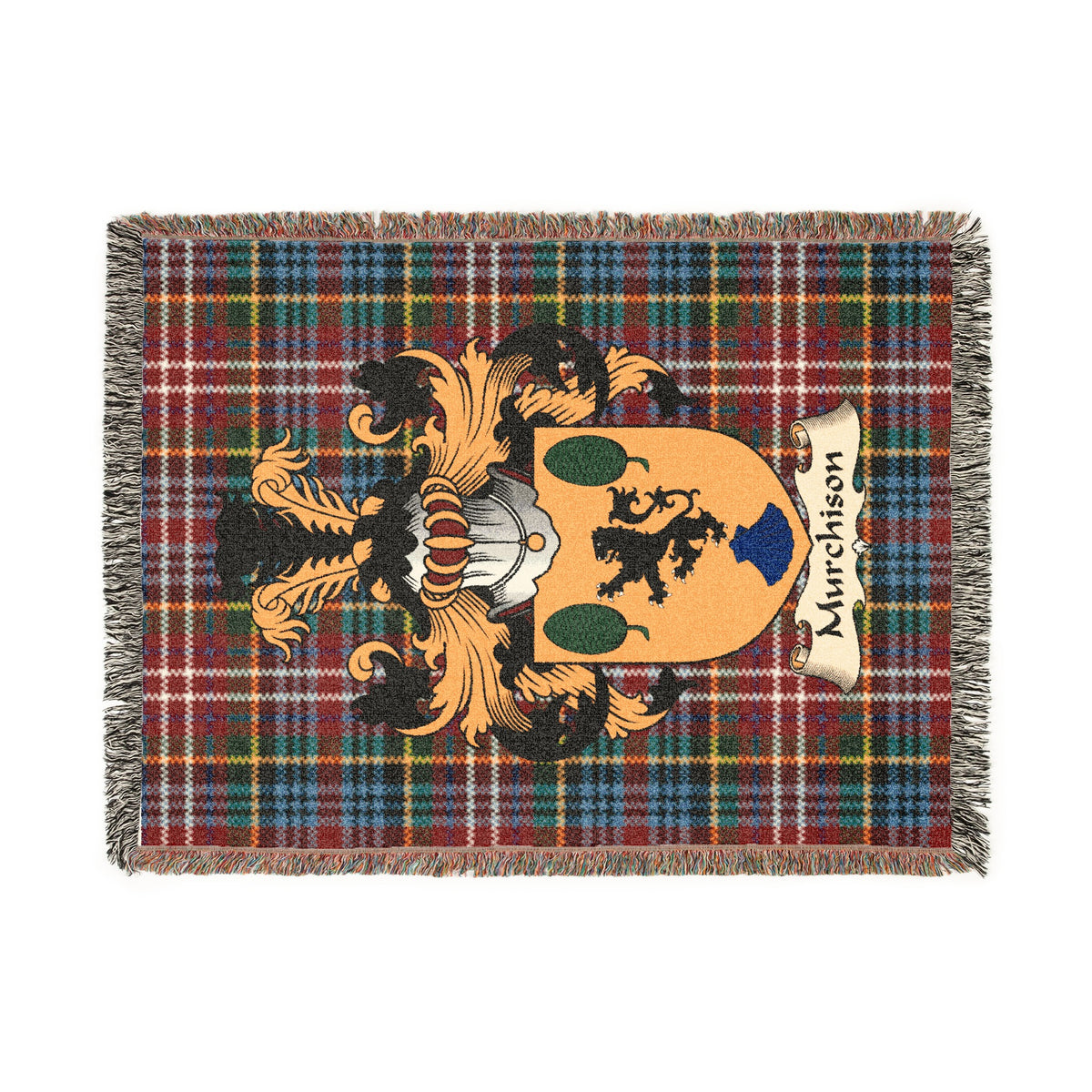 Murchison Scottish woven blanket with family shield and Caledonia tartan background