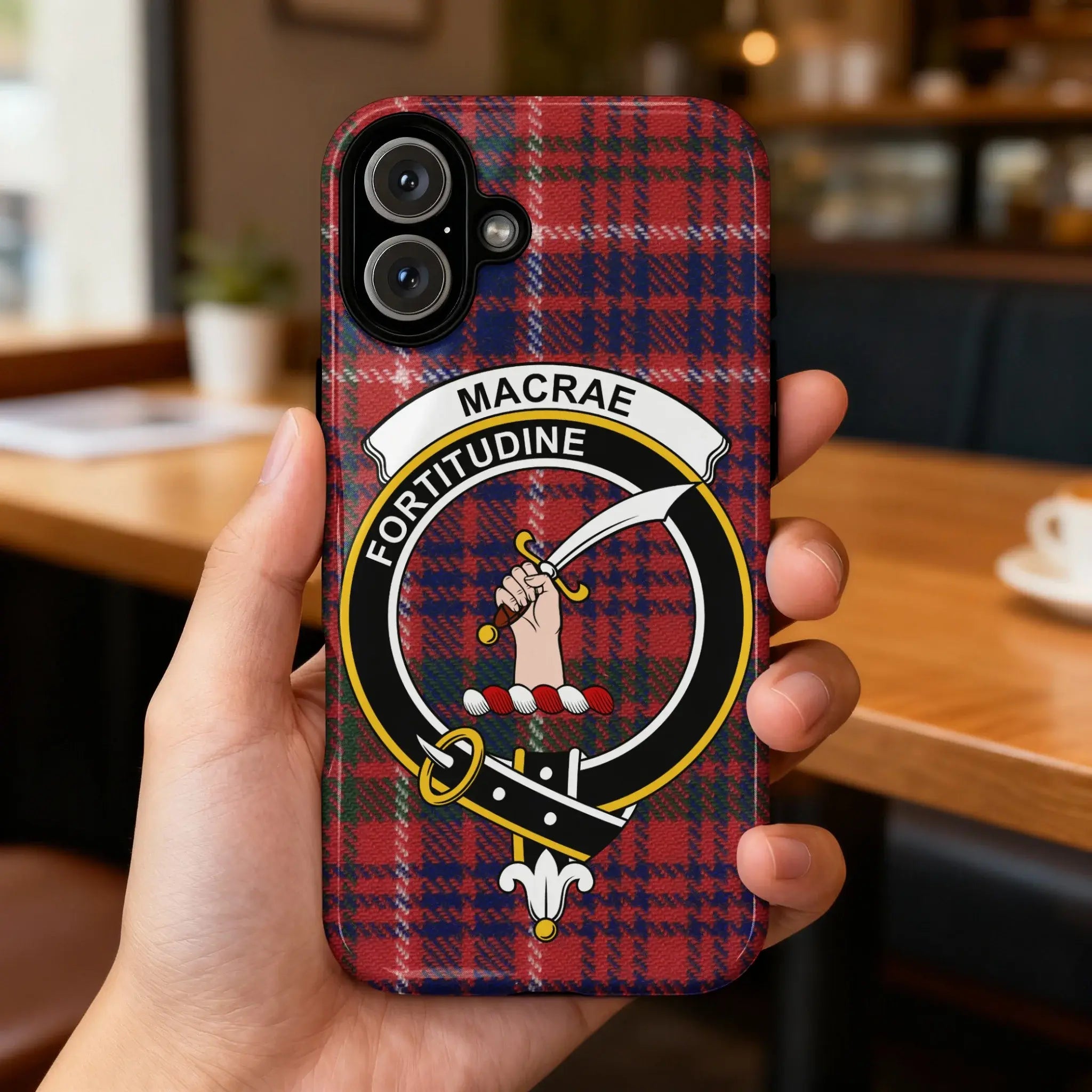 MacRae Fortitudine tartan phone case rear view — edge-to-edge clan crest print on glossy case