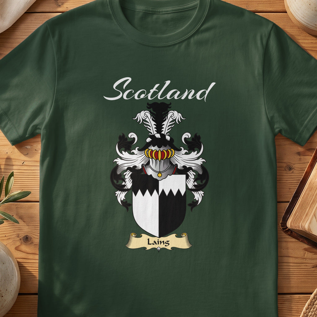 Forest Green Laing Scottish T-shirt featuring black-and-white quarters with a jagged dividing line