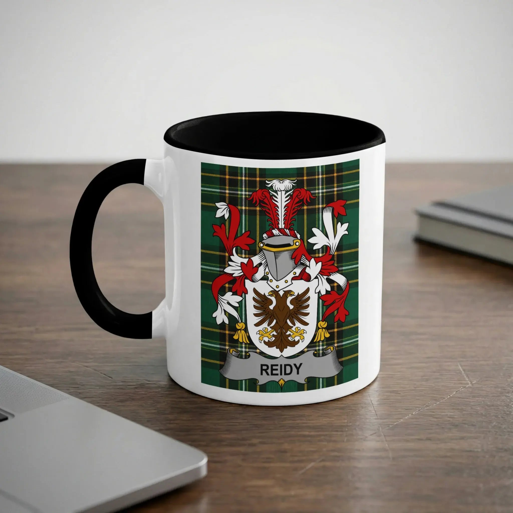 Reidy Irish heritage mug with black interior and family crest