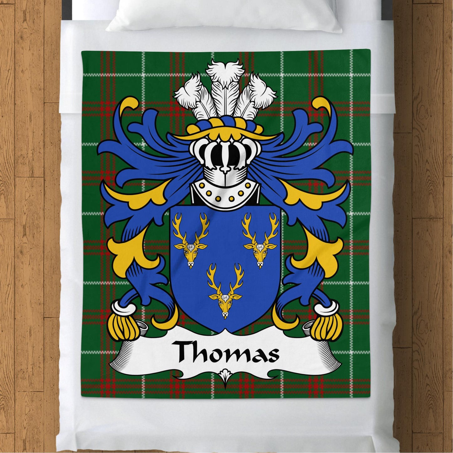 Thomas Welsh Surname Coat of Arms Tartan Background Blanket - Living Stone Gifts