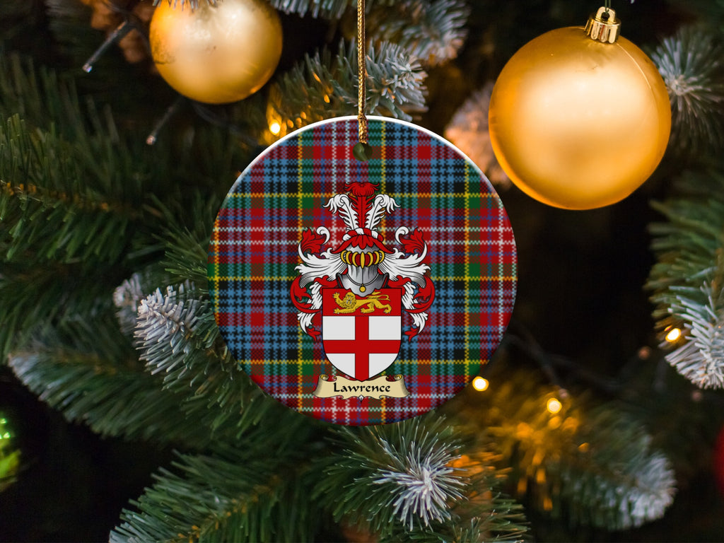 Lawrence family emblem ceramic Christmas ornament with Caledonia tartan background in festive holiday décor