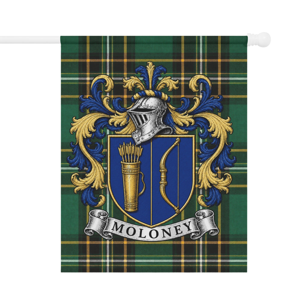 Moloney Irish National Tartan garden flag featuring the Moloney family crest