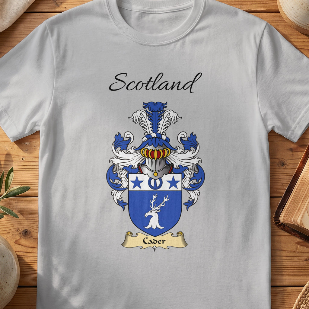 Sport Grey Cader Scottish family shield T-shirt featuring a white stag head below a band of blue stars