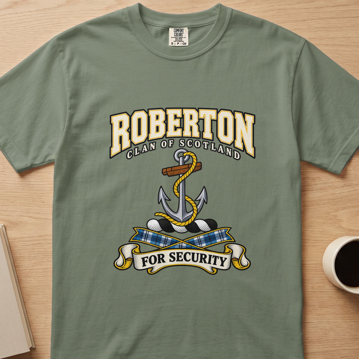 Roberton clan T-shirt in sage green, front view with silver-colored anchor with gold rope