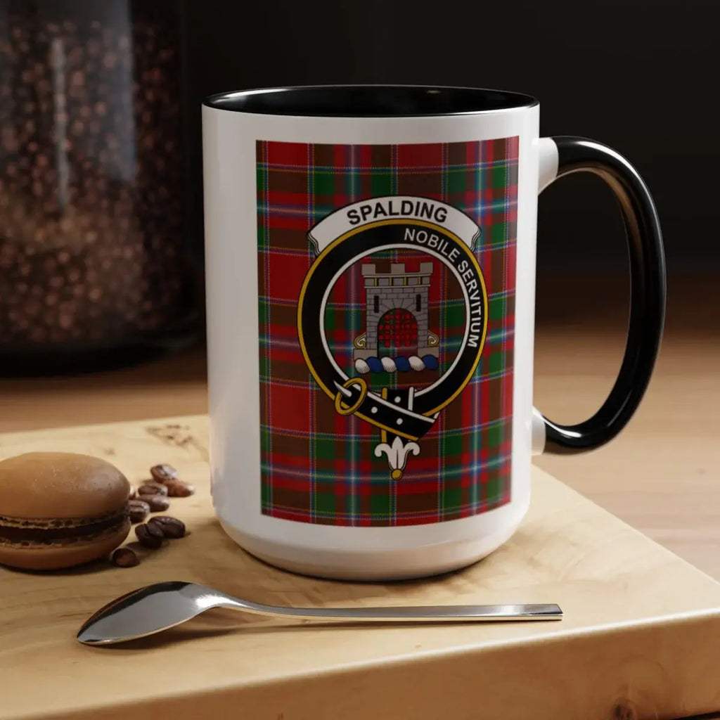 Spalding clan crest tartan mug — navy handle, glossy ceramic for coffee and tea