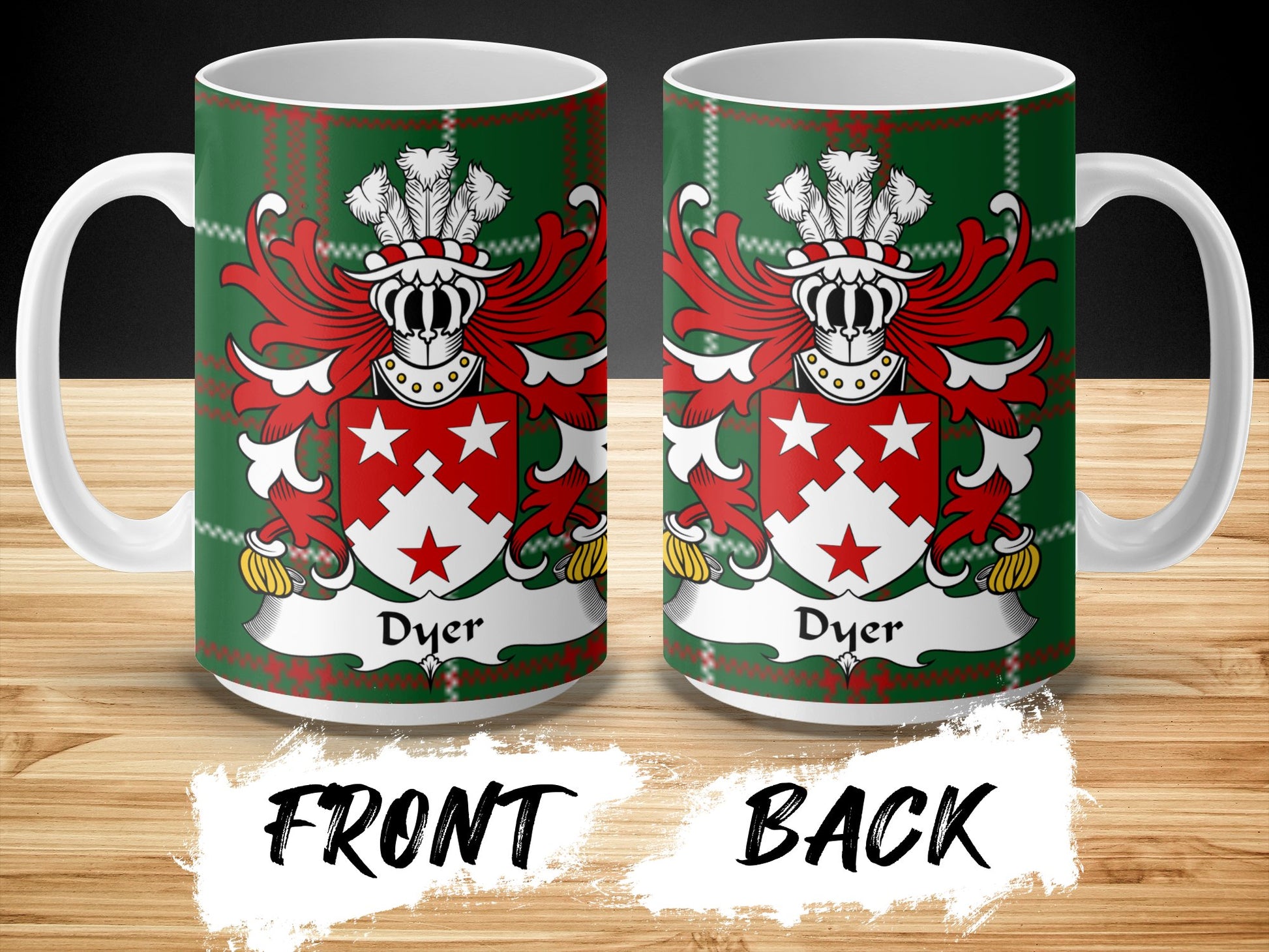 Dyer Surname Coat of Arms on Tartan Background Mug - Living Stone Gifts