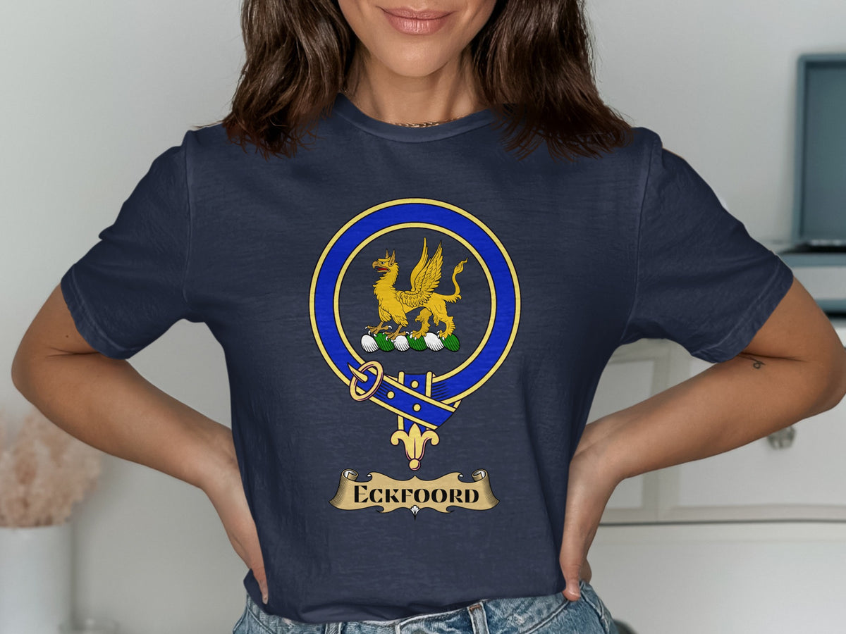 Eckfoord Scottish clan crest design on navy T-shirt