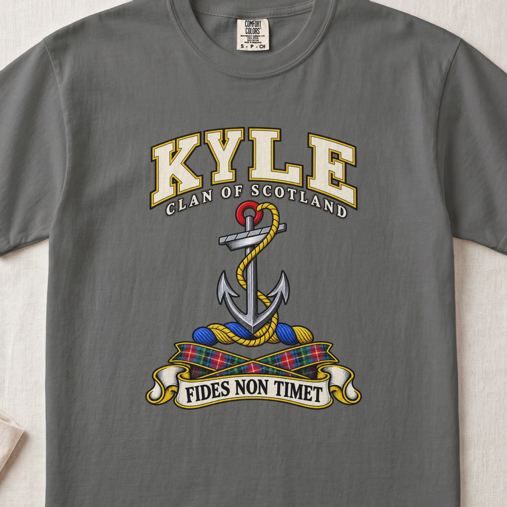Kyle Scottish clan T-shirt in Pepper, front view with an anchor with a coiled rope and motto design.