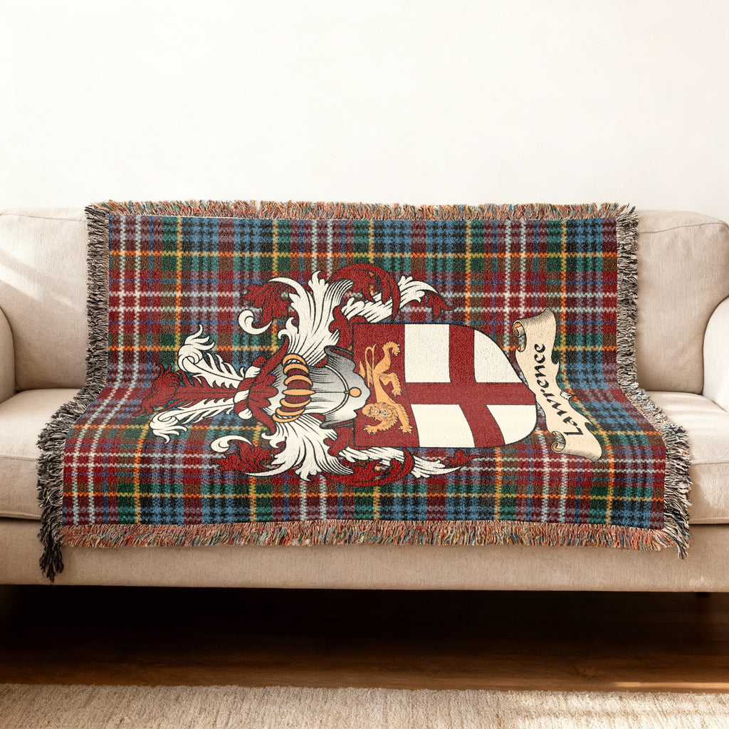Lawrence Scottish woven blanket with family shield and Caledonia tartan background