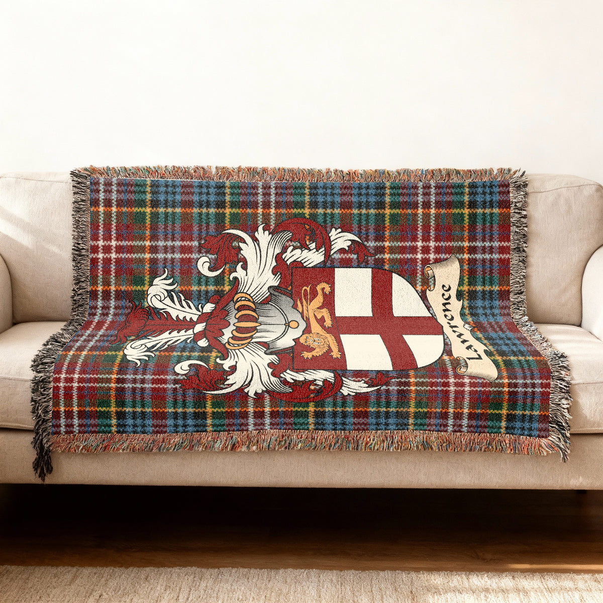 Lawrence Scottish woven blanket with family shield and Caledonia tartan background