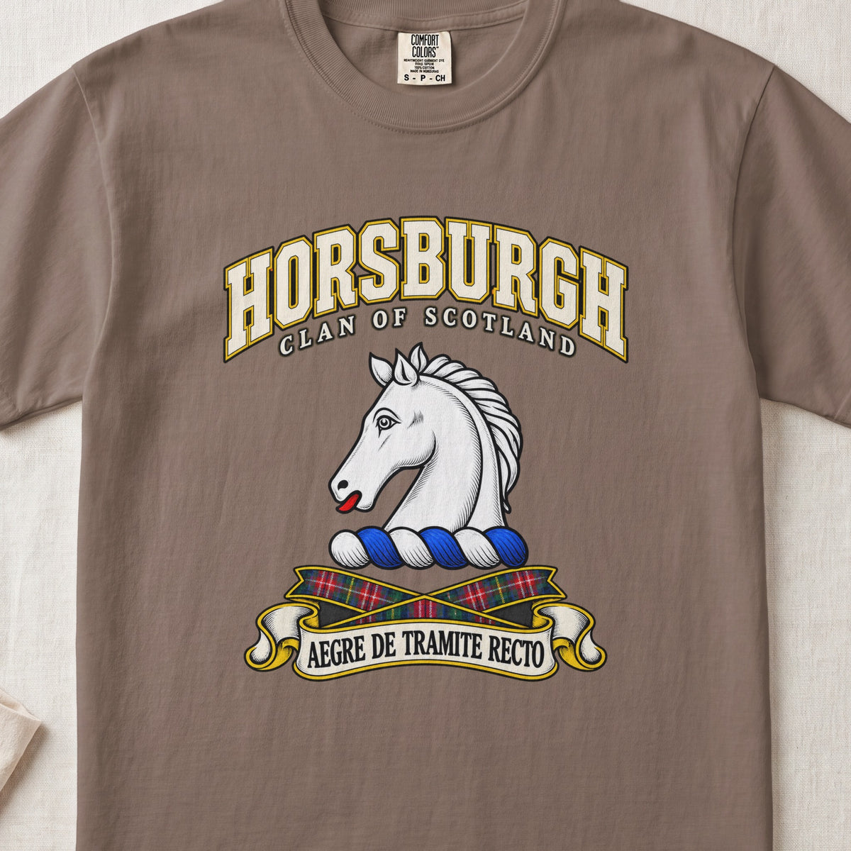 Horsburgh Scottish clan T-shirt in Espresso, front view with a white horse head and motto design.