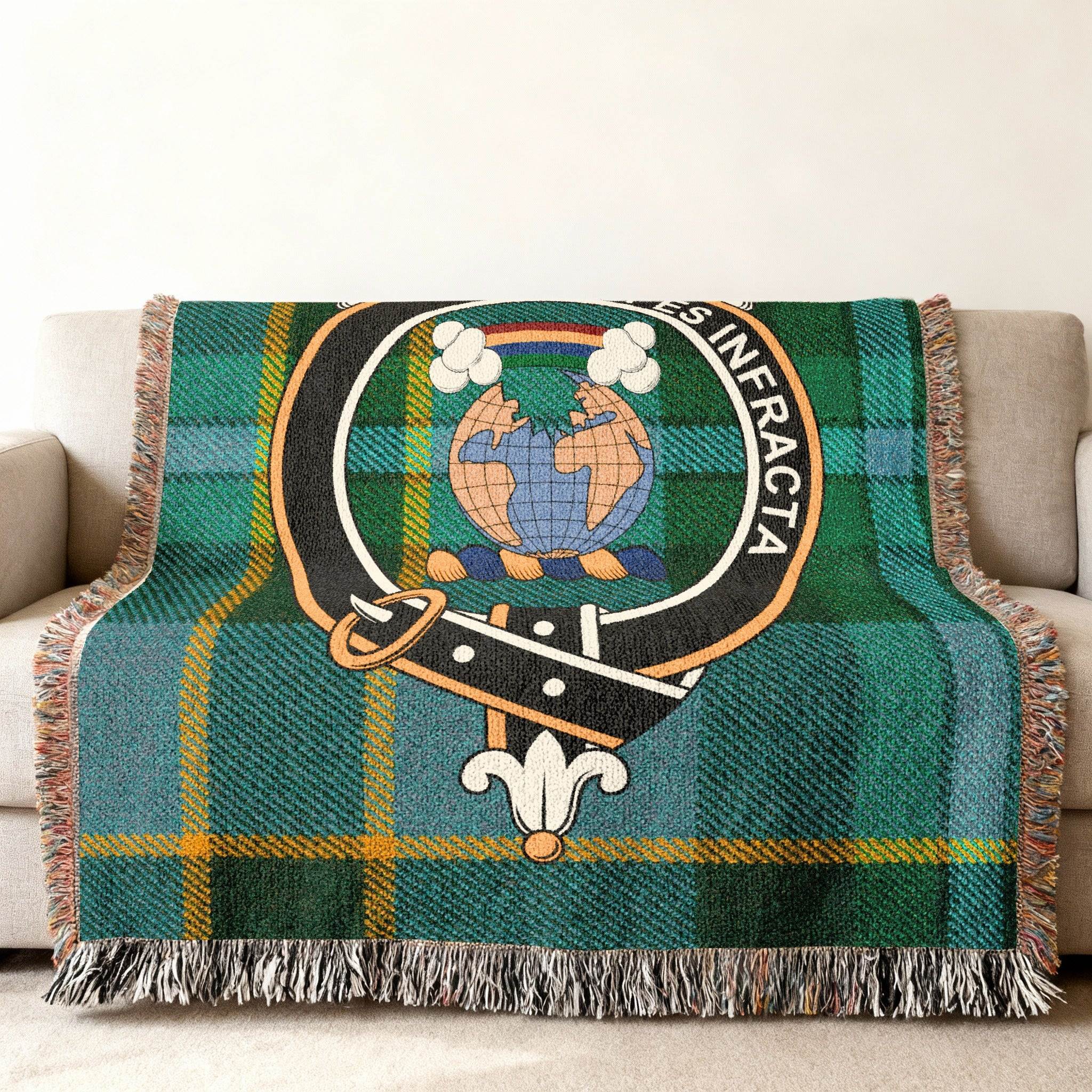 Clan Crest Green Tartan Blanket with Family Motto