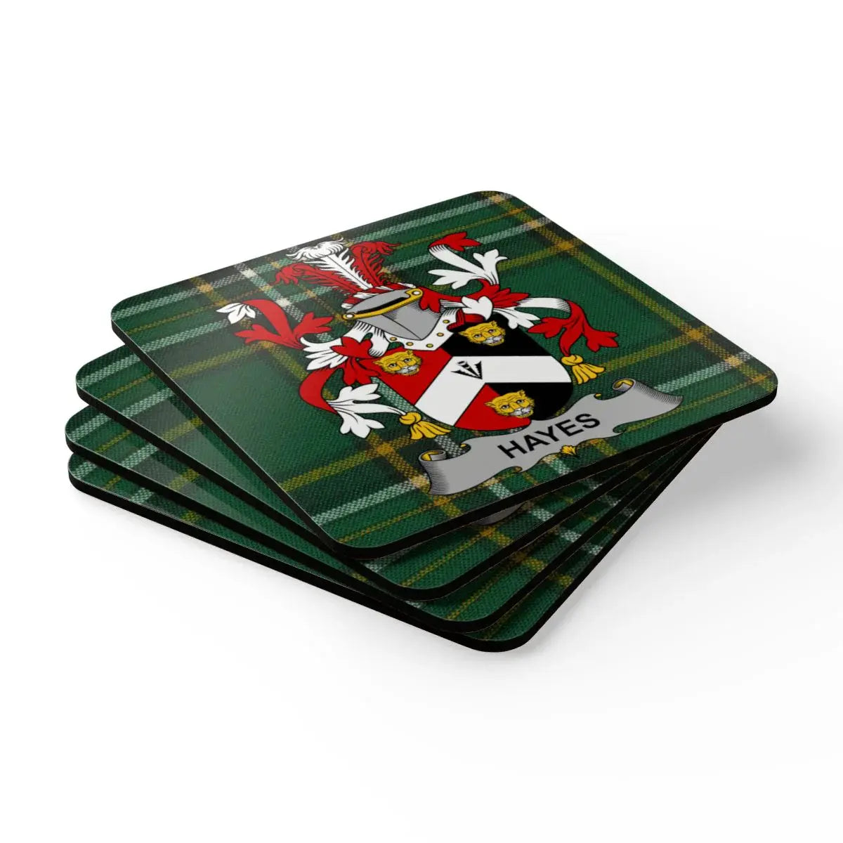 Hayes Family Crest on Tartan Background Coaster product type